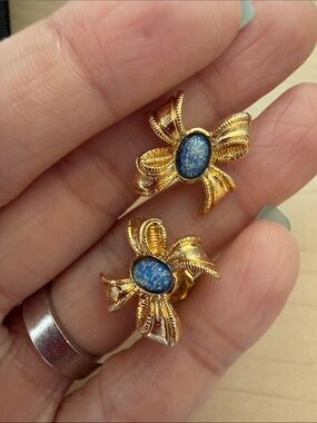 Gold Bow Earrings with Blue Stone Accent